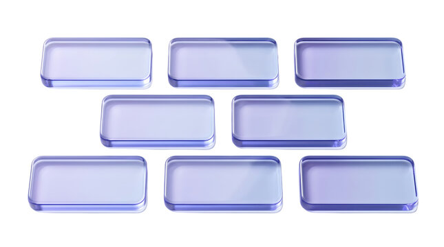 Set of nine glass or plastic rectangular buttons with rounded corners on transparent background