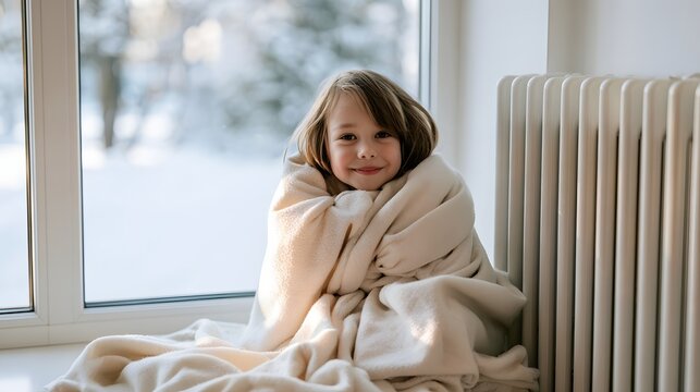 A child enjoying a warm and comfortable home during cold weather.