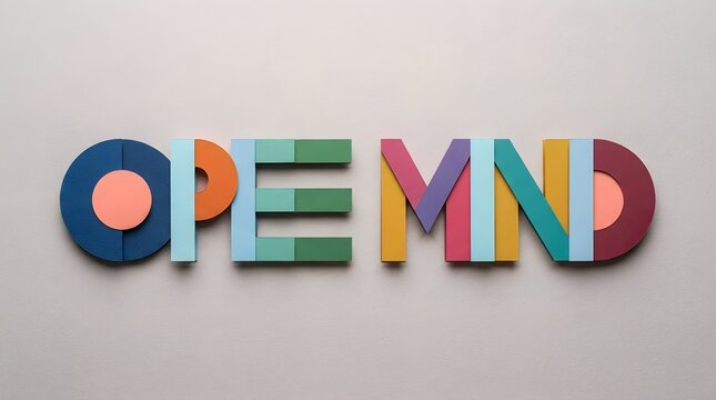 Colorful and vibrant typography spelling the word openmind with a modern and artistic design on a neutral background