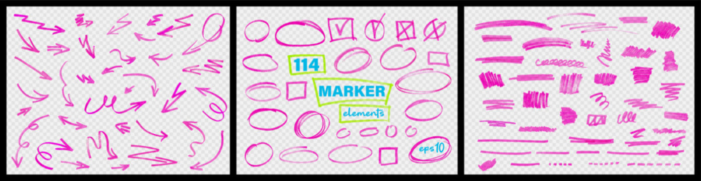 Line marker highlight, arrow and check mark red set. Hand drawn pen brush stroke underline. Bright pink oval sticker sign note scribble emphasis icon. Vector illustration with chalk wave curve effect.