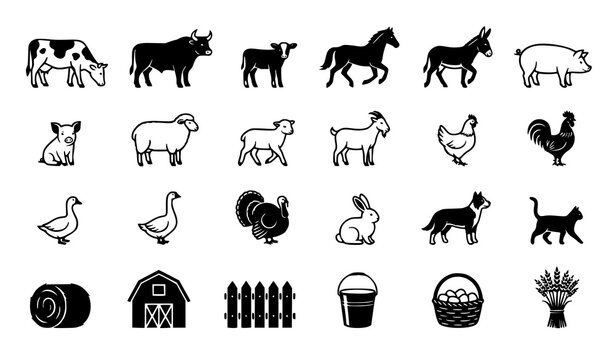 Barnyard Farm Animals Black Vector Icon Collection