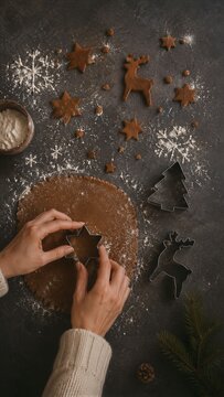 Hands cut star shapes from gingerbread dough with a cookie cutter on a flour-dusted table. Christmas baking and festive food preparation. Homemade holiday treats and seasonal cooking.
