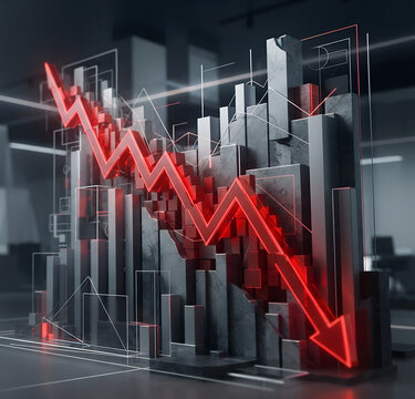 Downward bar chart with a red arrow representing declining performance and financial loss.