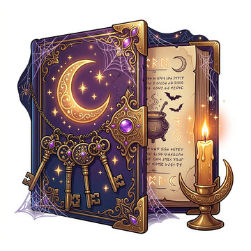 Ancient spell book with ornate gold cover and skeleton keys beside a lit candle in a brass holder decorated with spider webs and bats