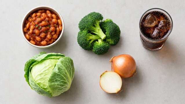 Top view of common foods causing gas and bloating including beans, broccoli, cabbage, onions, and soda.