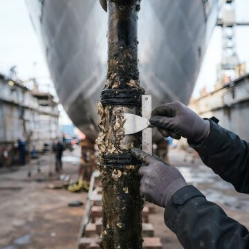Marine mechanic scraping barnacles and marine growth from a ship shaft in drydock