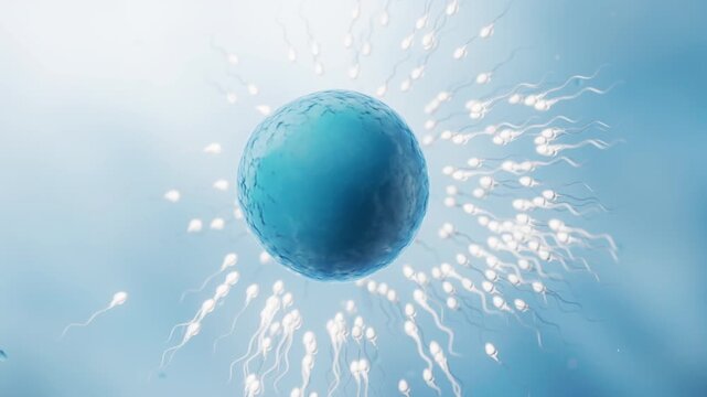 The union of sperm and an egg cell, 3d rendering.