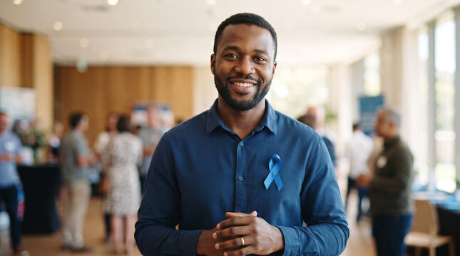 Black man wearing blue ribbon pin on shirt for awareness month, generous copy space, Blue November: prostate cancer awareness and prevention