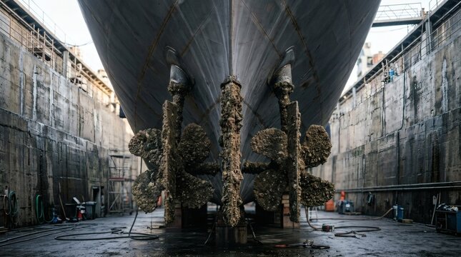 Large ship stern with propellers covered in barnacles in dry dock