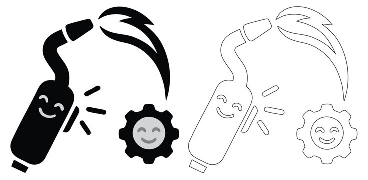 Cute cartoon welding torch character spraying fire next to smiling gear wheel vector illustration   