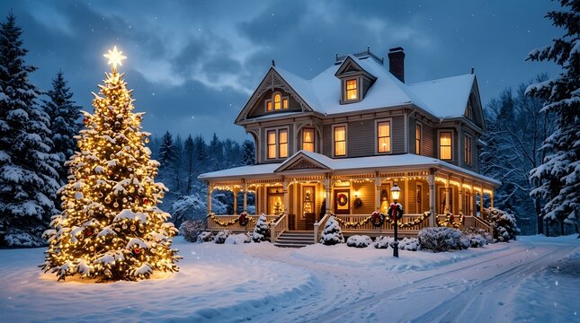 Beautiful victorian house decorated for christmas with a large illuminated tree in the snowcovered front yard at twilight