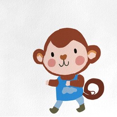 Adorable hand drawn monkey character walking with a smile featuring soft textured paper background and vibrant colors. Perfect for childrens books educational materials nursery decor and greeting card © susi