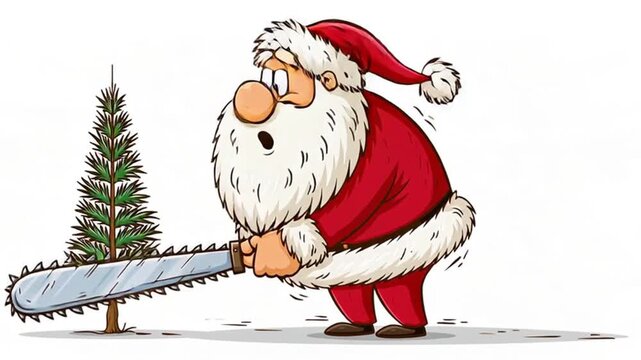 Cartoon comical Santa Claus with a saw and a Christmas tree, white background, flat design, animation