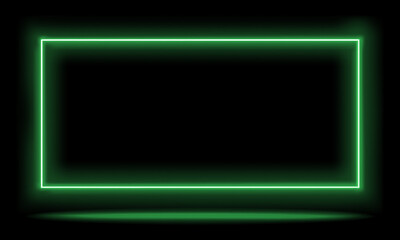 Bright neon green rectangular frame on a black background with glowing light effects © jharna