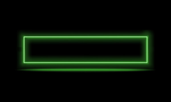 Bright neon green rectangular frame on a black background with purple glow