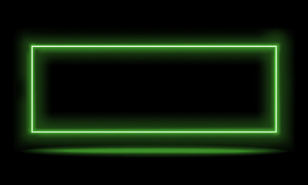 Bright green neon rectangle frame on a dark black background with a blurred glow