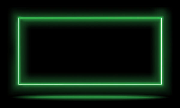 Bright neon green rectangular frame on a black background with glowing light effects