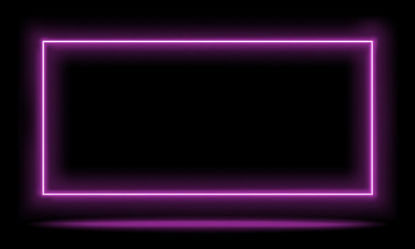 Bright pink neon rectangle frame on black background with glowing reflections