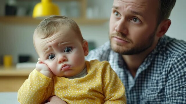 Grumpy baby with a funny face and concerned father