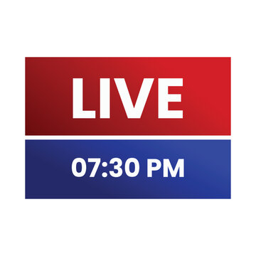 Live broadcast stream badge with clock time vector icon red and blue news overlay element isolated on white background