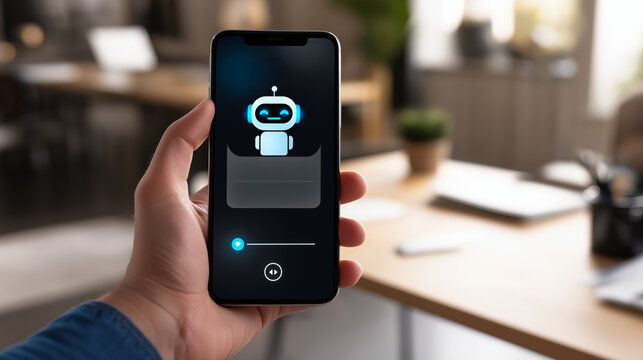 Person holding smartphone with chatbot interface displayed, showing friendly robot icon, in modern office environment with blurred background