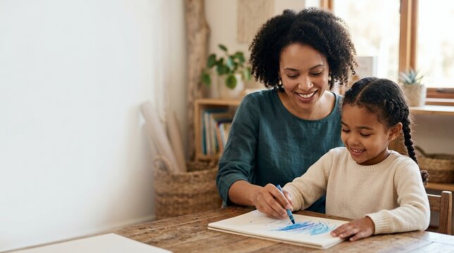 Happy mother and daughter drawing together at home at a wooden table.