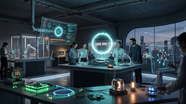 Futuristic Innovation Lab with Glowing Prototypes and Transparent Holographic Screens
