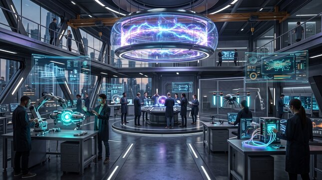 Futuristic Innovation Lab with Glowing Prototypes and Transparent Holographic Screens