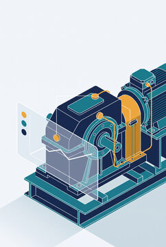 Predictive maintenance factory concept: industrial gearbox and electric motor on a base frame with a translucent condition monitoring panel. Vertical isometric machinery illustration