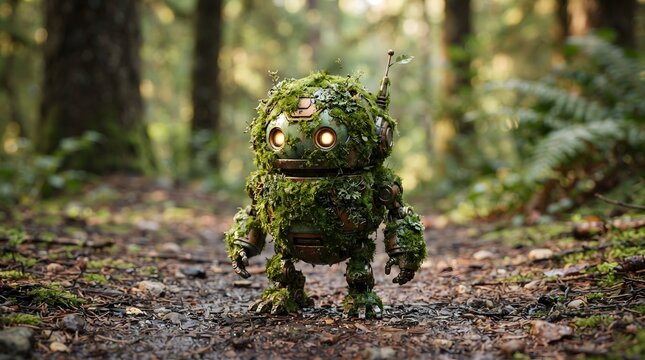 A small autonomous robot covered in green moss stands on a forest path.