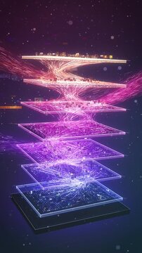 Stacked glowing layers of an AI neural network twist with pink and violet data strands above a chip base, vertical 4K clip for machine learning, AI startups and tech ads