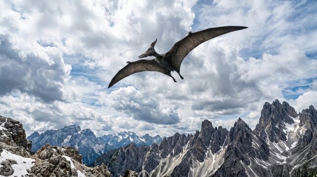 A pterodactyl dinosaur flies gracefully across a dramatic cloudy sky above jagged mountain peaks covered with snow in a stunning digital art landscape illustration