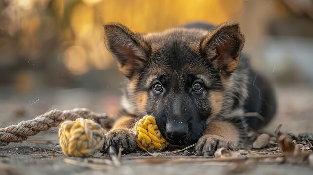 German shepherd puppy playing with a toy