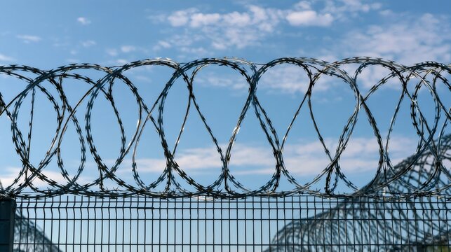 Razor wire fence securing border against blue sky