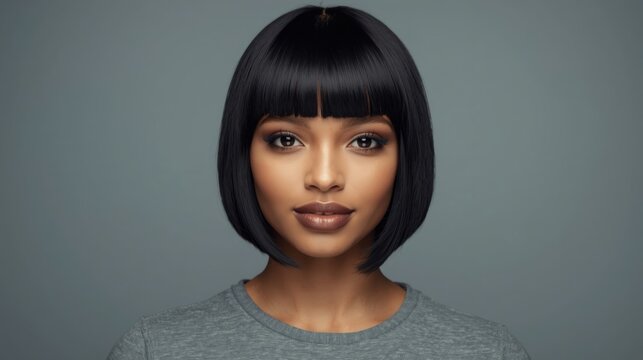 Mujer joven con corte Bob negro y corto, piel dorada, ojos marr&oacute;n oscuro, maquillaje de acabado natural y expresi&oacute;n serena