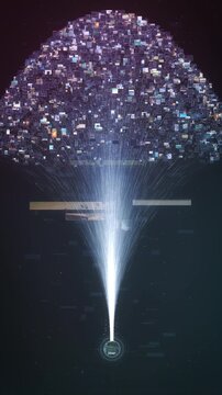 Tall purple cloud of photos and screens pours through a narrow beam of light into a circular core, vertical 4K clip about big data processing for reels and tech campaigns
