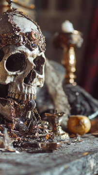 A skull sitting on a table next to lit candles, suitable for Halloween decorations or spooky themed events vertical frame