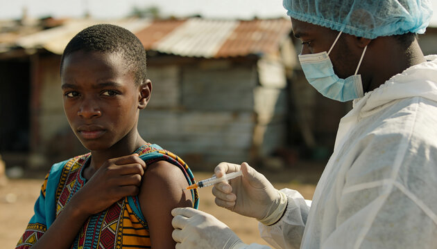 Doctor in protective suit vaccinating African child in impoverished region during virus epidemic. Medical aid for adolescent in humanitarian crisis, global health and immunization program.