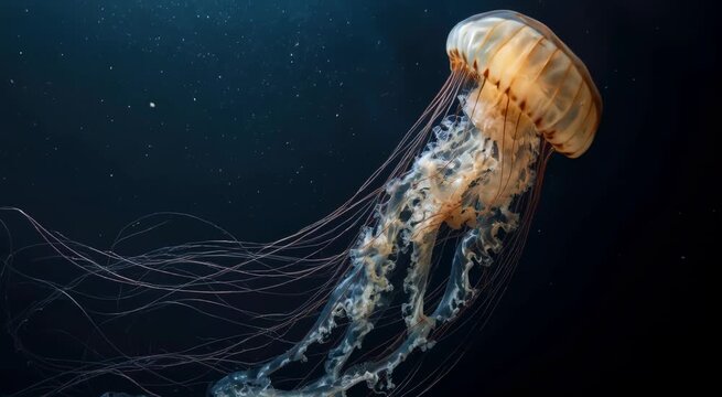 Vibrant orange jellyfish drifting in deep blue ocean with flowing translucent tentacles and delicate, frilled oral arms