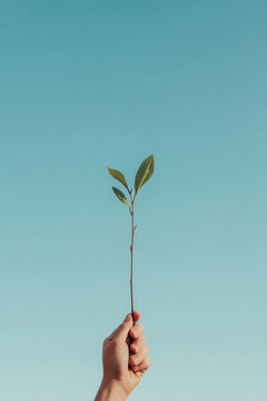 Woman hand holding small green plant sprout against clear blue sky. Concept of nature conservation, environmental protection, growth, sustainable development and fresh start for future.