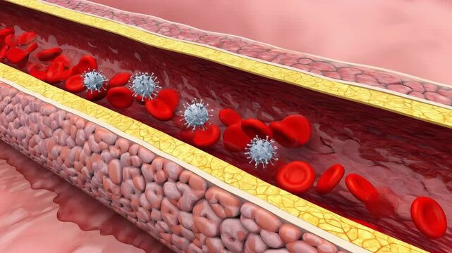 3D Animation of Red Blood Cells and Virus Particles in a Blood Vessel