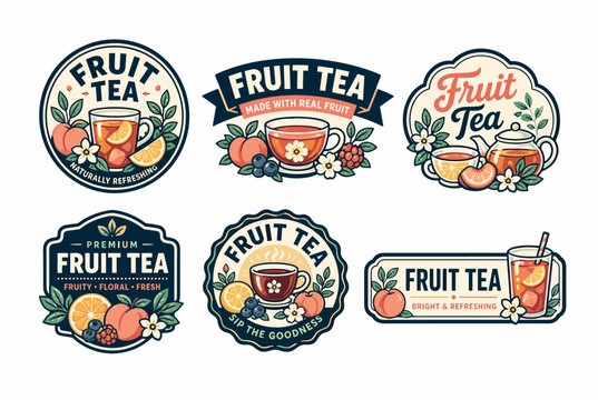 Fruit tea label collection offering a range of beverage badges featuring natural ingredients like peaches, oranges, berries, and floral elements, perfect for branding