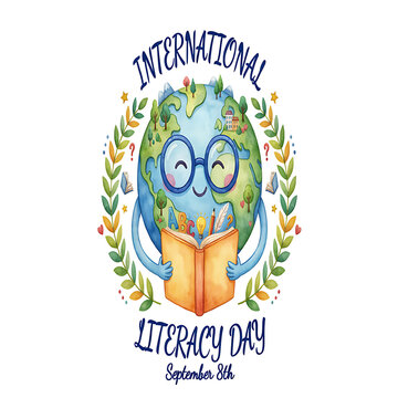 A cute cartoon globe character wearing glasses and reading an open book, surrounded by a laurel wreath for international literacy day celebration