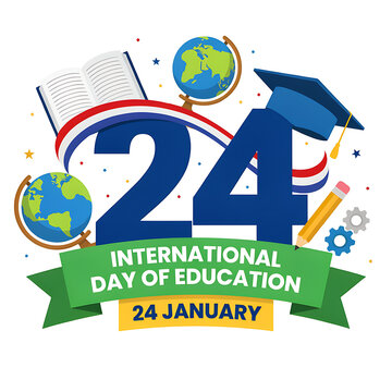 International day of education with a large number 24, a graduation cap, a globe, an open book, and a pencil on a white background