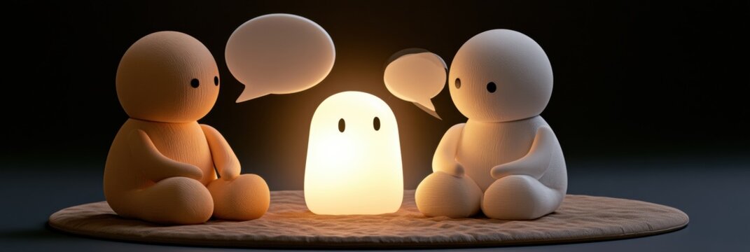 Two abstract figures sit together in shared silence, warmed by a glow, with empty speech bubbles above them, showing a new form of connection.