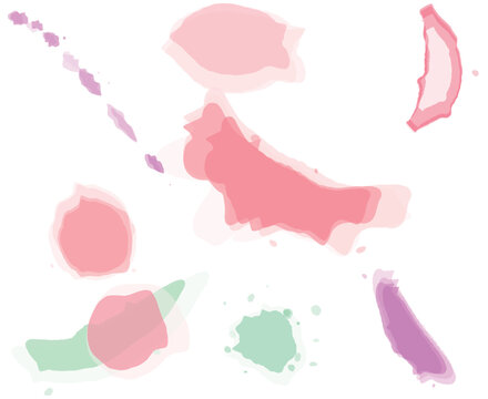 Watercolor splash set with pastel pink purple mint paint textures for art design
