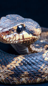 A close-up shot of a snake's head on a dark background vertical frame