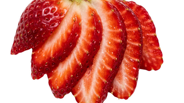 Fresh sliced strawberry halves arranged creatively on transparent background