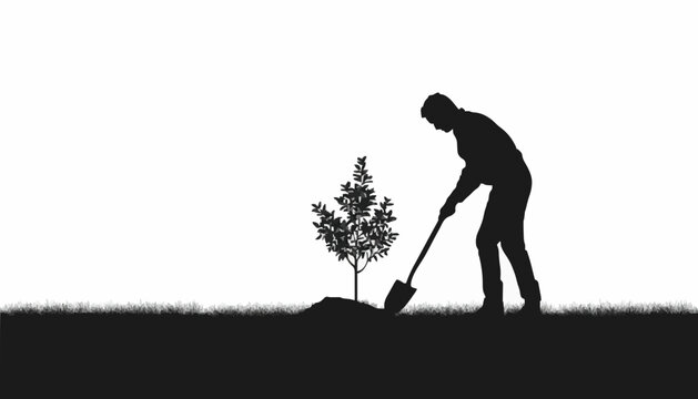 Man Planting Tree with Shovel Silhouette Vector