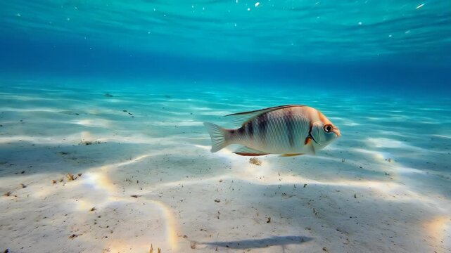 Sergeant Major Fish Swimming over Sandy Seafloor in Clear Blue Water